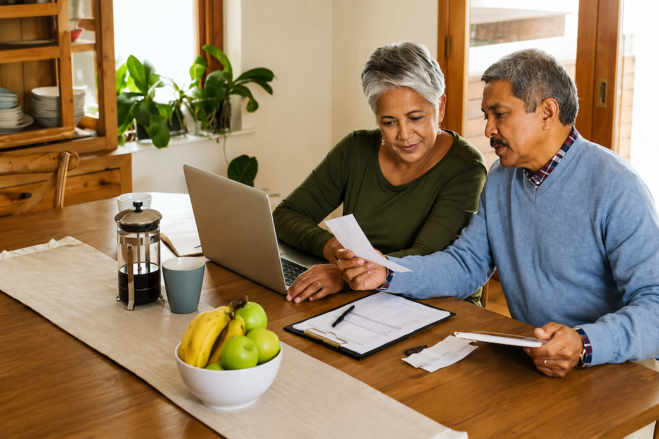 Older couple looking at paperwork at a table