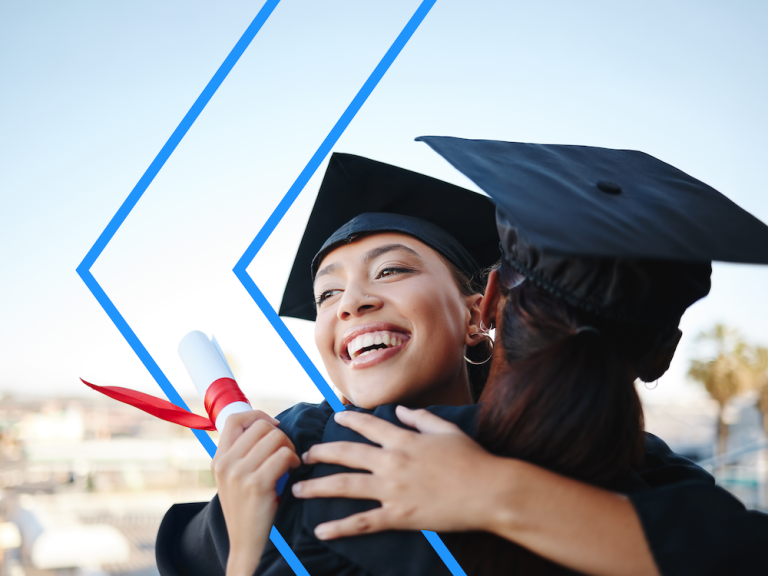 Hugging at graduation with branded logo